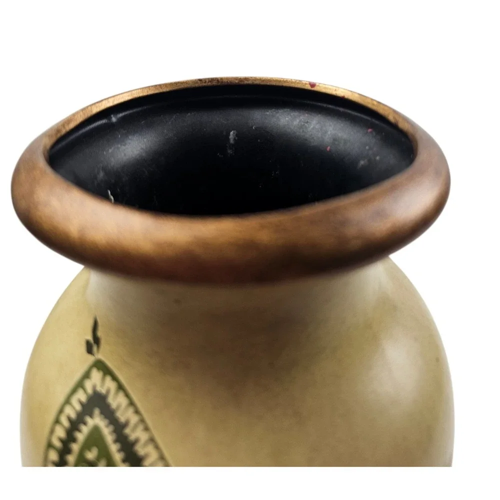 Cream Paisley Decorative Vase Bronze Trim Earthy Green Floral Pattern 12in
